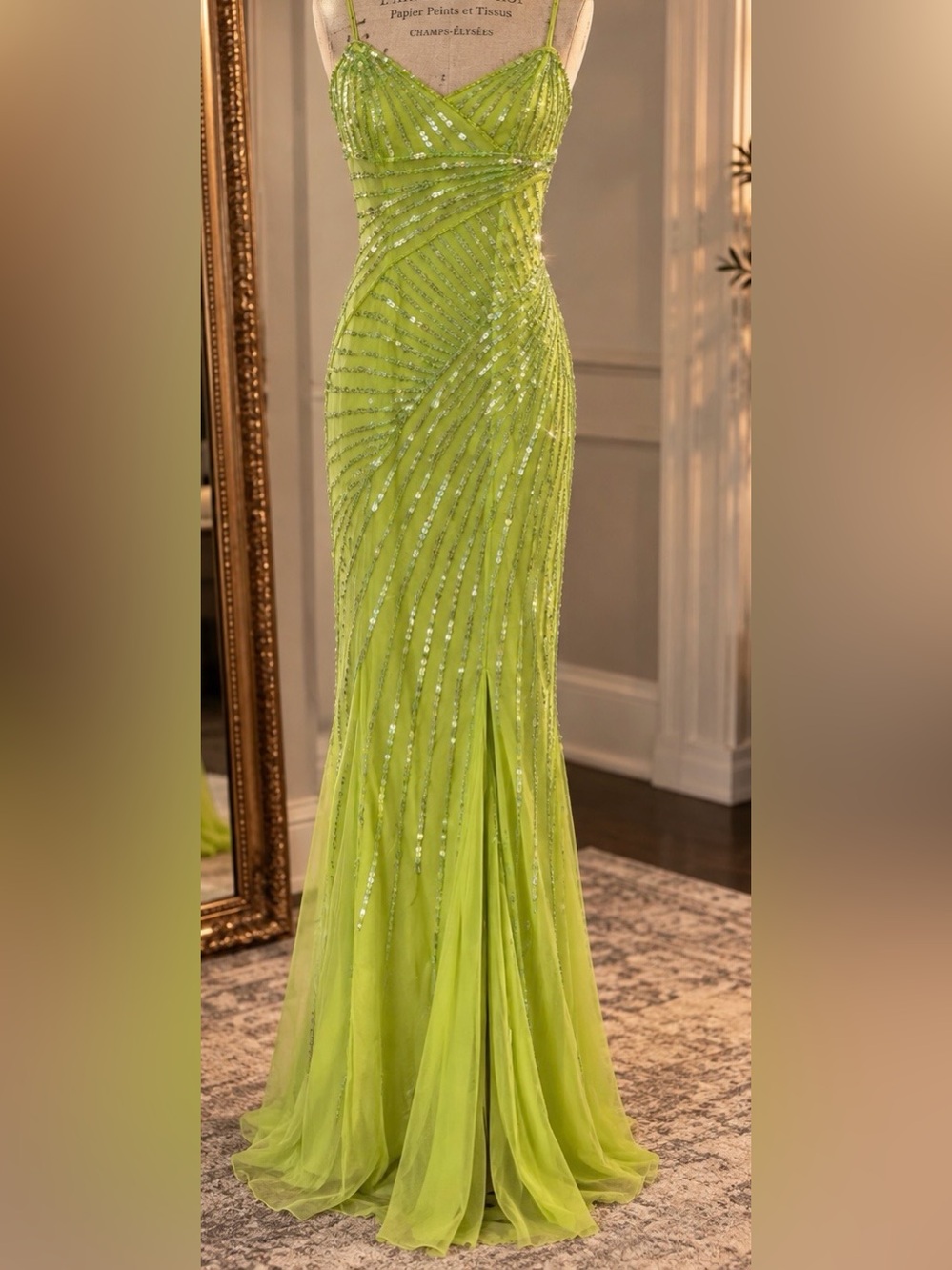 Caché Y2K Lime Green Sequin Formal Gown